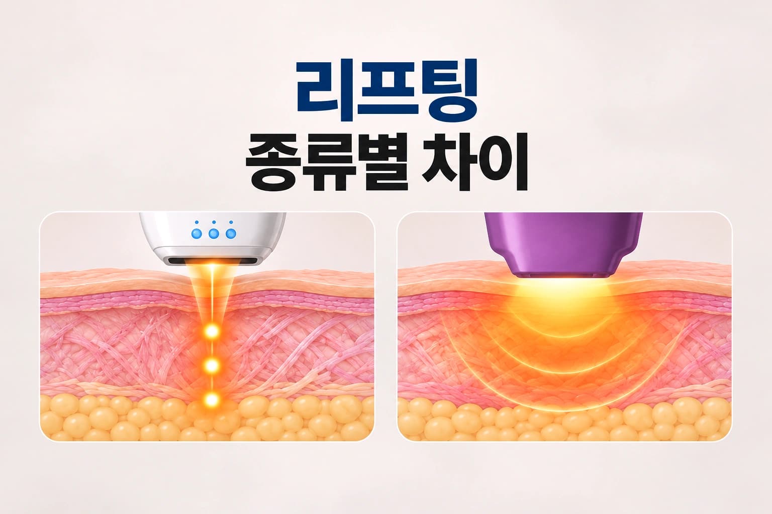 초음파 리프팅과 고주파 리프팅의 에너지 전달 방식 및 피부층별 작용 차이를 비교한 컨텐츠 썸네일