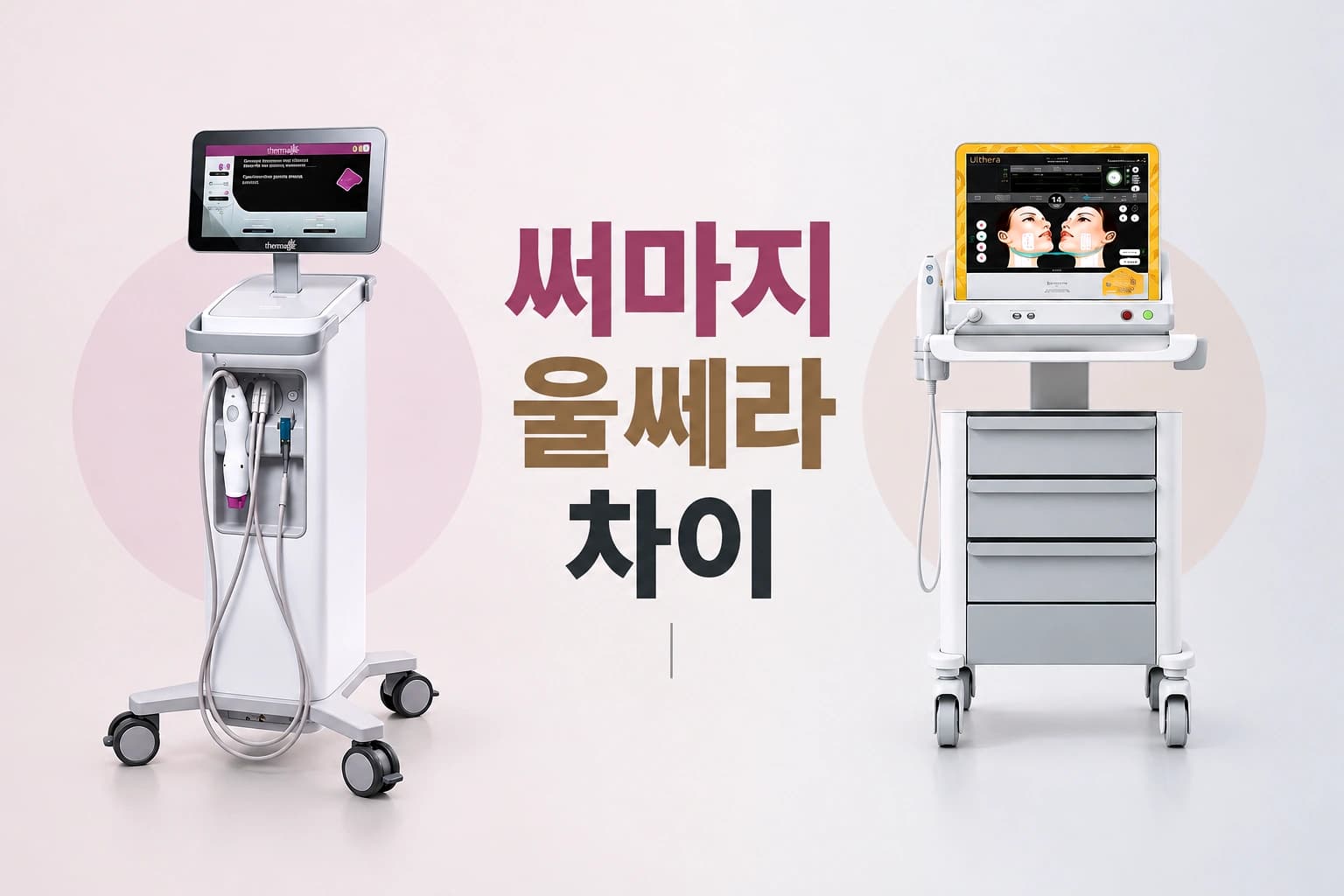 써마지와 울쎄라 장비를 양옆에 배치하고 리프팅 시술 차이를 비교하는 컨텐츠 썸네일