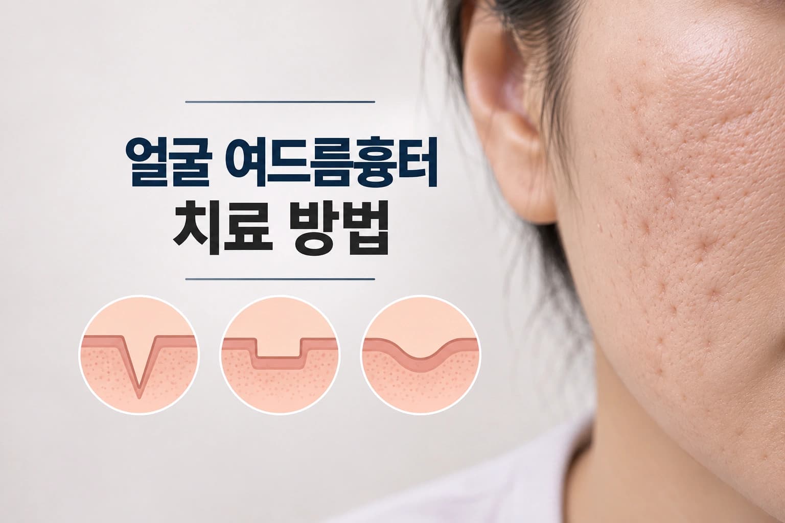 패인 여드름흉터와 아이스픽형·박스카형·롤링형 단면을 함께 보여주는 얼굴 여드름흉터 치료 방법 썸네일