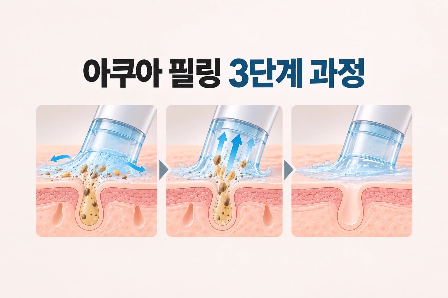 아쿠아필 흡입 팁을 이용해 모공 속 피지와 노폐물을 제거하는 3단계 과정을 나타낸 컨텐츠 썸네일